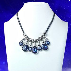 Cobalt Crystal Leather Cord Bib Statement Necklace